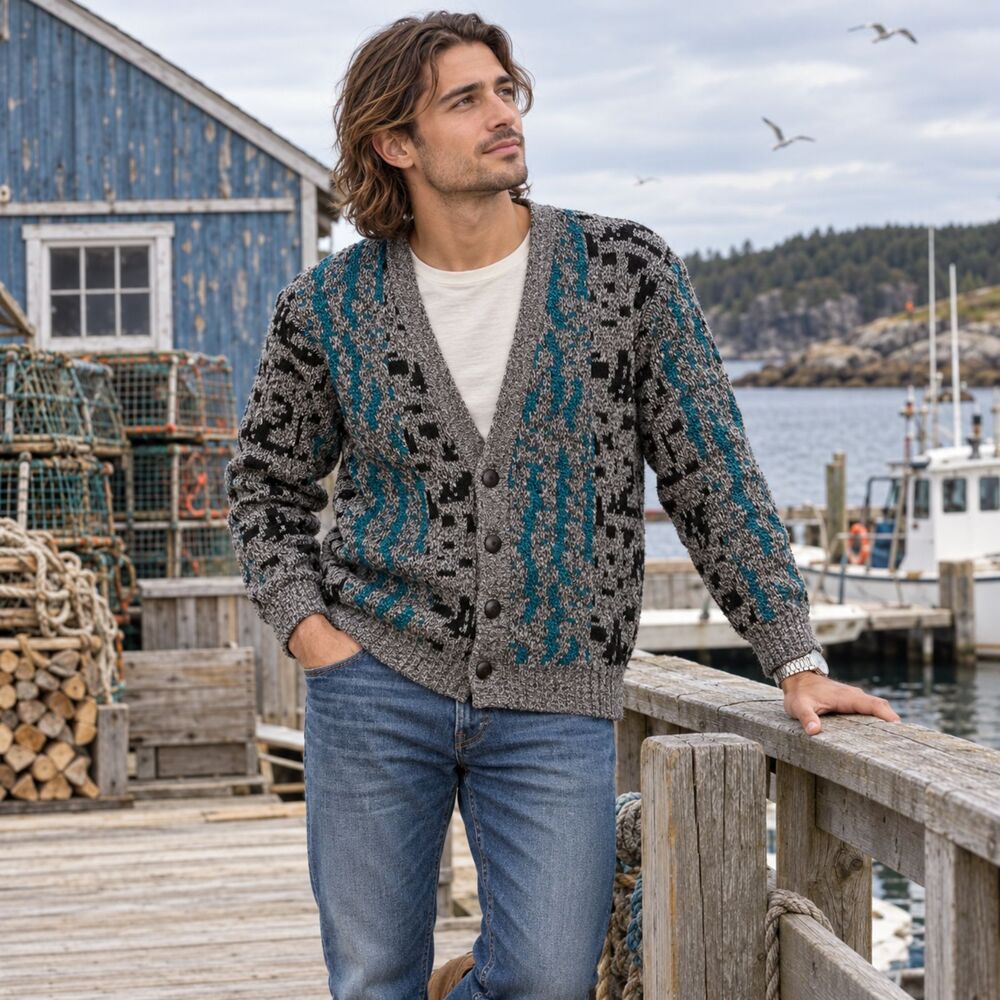 SCANDIA Gray Teal Black Abstract Knit Button Front Cardigan Sweater M